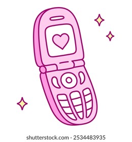 Pink retro flip phone cartoon drawing, simple and cute hand drawn vector illustration. Y2k aesthetic nostalgia doodle.