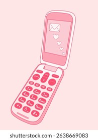 Pink retro flip phone vector illustration