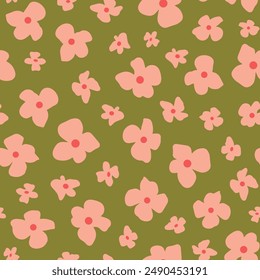 Pink retro flower heads seamless repeat pattern. Random placed, vector botany aop, all over surface print on sage green background.