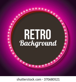 Pink retro frame with lamps. Round 3D Vintage frame with onyami. Neon light falls on the black wall. Black empty space for your text messages, promotions or advertising. Vector illustration