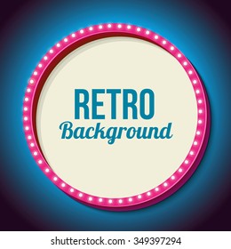 Pink retro frame with neon lights. Round volumetric 3D frame with yellow and blue light bulbs on a black wall. Pure white background for your text, events, advertising. Vector illustration
