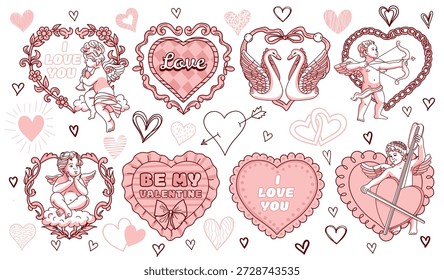 Pink retro frames with cupids, angels, hearts and swans. Vintage frames for Valentine's day on a white background.