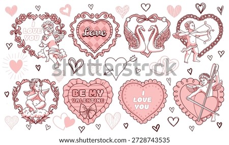 Pink retro frames with cupids, angels, hearts and swans. Vintage frames for Valentine's day on a white background.