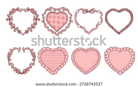 Pink retro frames with hearts. Vintage frames for Valentine's day on a white background.