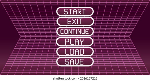 Pink retro game menu with buttons: start, exit, continue, play, load, save against the vintage 1980's cyberpunk perspective grid. 