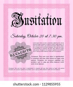 Pink Retro invitation. Detailed. With great quality guilloche pattern. Sophisticated design. 