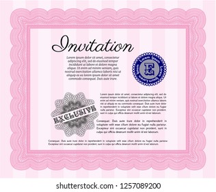 Pink Retro invitation. With guilloche pattern and background. Money design. Vector illustration. 