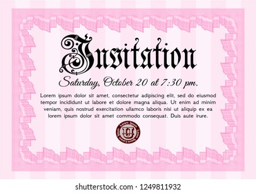 Pink Retro invitation. With linear background. Money style design. Detailed. 