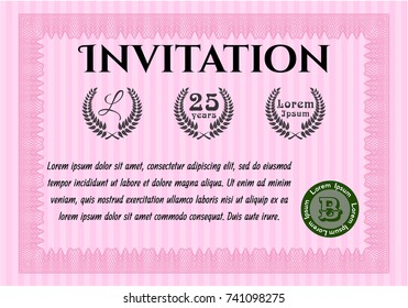 Pink Retro invitation template. With complex background. Lovely design. Vector illustration. 