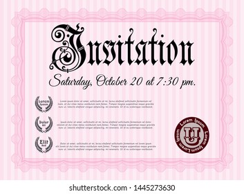 Pink Retro invitation template. Customizable, Easy to edit and change colors. With guilloche pattern and background. Lovely design. 