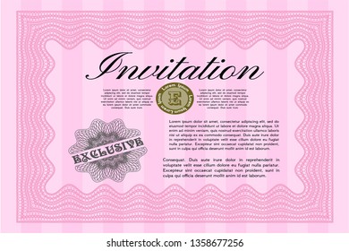Pink Retro invitation template. Retro design. With guilloche pattern. Detailed. 