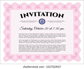 Pink Retro invitation template. Detailed. With great quality guilloche pattern. Money design. 