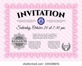 Pink Retro invitation template. With great quality guilloche pattern. Elegant design. Customizable, Easy to edit and change colors. 