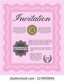 Pink Retro invitation template. With guilloche pattern and background. Superior design. Vector illustration. 