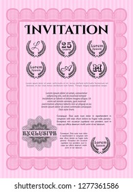 Pink Retro invitation template. With linear background. Detailed. Lovely design. 