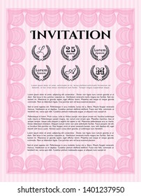 Pink Retro invitation template. Nice design. Customizable, Easy to edit and change colors. With complex linear background. 