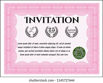 Pink Retro invitation template. Superior design. With guilloche pattern. Customizable, Easy to edit and change colors. 