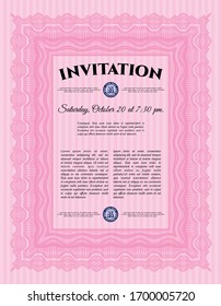 Pink Retro invitation template. Superior design. With great quality guilloche pattern. Customizable, Easy to edit and change colors. 