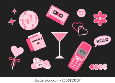 Pink retro love sticker pack: cute Valentine's Day icons, hearts, and fun retro vibes. Set of vector images.