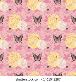 Pink retro lowers and butterflies pattern print. Roses and sunflowers seamless background design. Vector