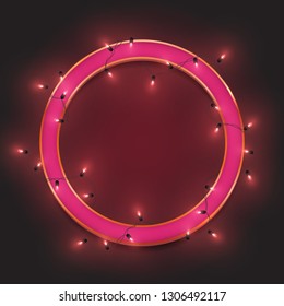 Pink retro neon circle frame, led shiny lights garland, vector illustration