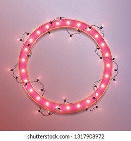 Pink retro neon circle frame, led shiny lights garland, vector illustration