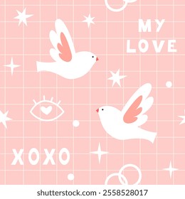 Pink retro pattern for Valentine's Day. Birds, inscriptions