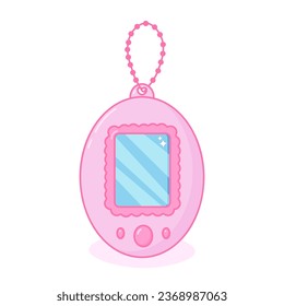 Pink retro pet simulator toy. Japanese modern portable pocket game gadget of 90s.