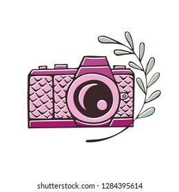 Pink retro photo camera with decorative green twig. Vector illustration. 