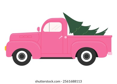 Pink retro pickup truck carrying Christmas tree. Vector illustration for holiday themed designs, Christmas cards and festive decorations