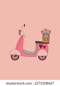 Pink retro scooter with tulips bouquet. Romantic concept. Isolated illustration.