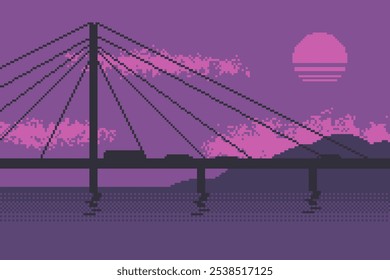 Pink Retro Styled Sunset Bridge and the Coastal at the Background, Pixel Art Style Illustration