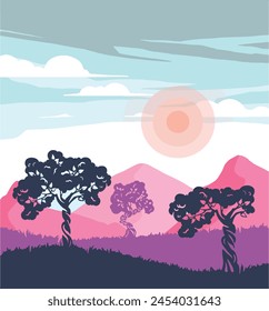 Pink Retro sunset but with hills in the background. illustration colored