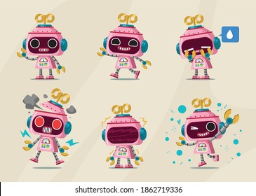 pink retro toy robot mascot set