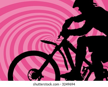pink retro twirl background with mountain biker (vector eps format)