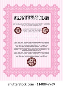 Pink Retro vintage invitation. With complex linear background. Detailed. Sophisticated design. 