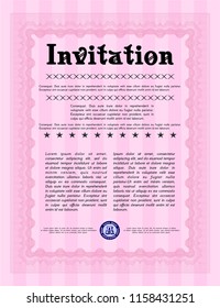 Pink Retro vintage invitation. Customizable, Easy to edit and change colors. With complex background. Money Pattern. 