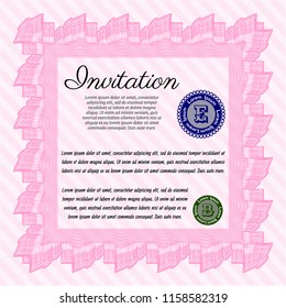 Pink Retro vintage invitation. Customizable, Easy to edit and change colors. With complex linear background. Money Pattern. 