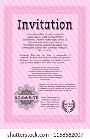 Pink Retro vintage invitation. Detailed. With complex linear background. Money Pattern design. 