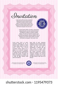 Pink Retro vintage invitation. Detailed. With guilloche pattern and background. Elegant design. 