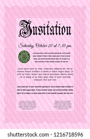 Pink Retro vintage invitation. Detailed. With complex linear background. Money style design. 