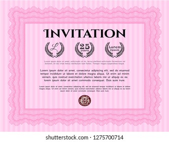 Pink Retro vintage invitation. Detailed. Printer friendly. Perfect design. 