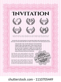Pink Retro vintage invitation. Elegant design. With guilloche pattern and background. Detailed. 