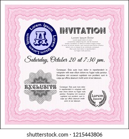 Pink Retro vintage invitation. With great quality guilloche pattern. Vector illustration. Cordial design. 