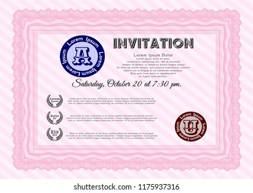 Pink Retro vintage invitation. With guilloche pattern. Superior design. Detailed. 