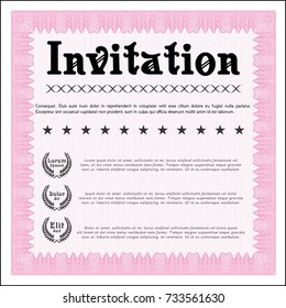 Pink Retro vintage invitation. Lovely design. With great quality guilloche pattern. Vector illustration. 