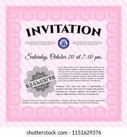 Pink Retro vintage invitation. Nice design. With great quality guilloche pattern. Vector illustration. 