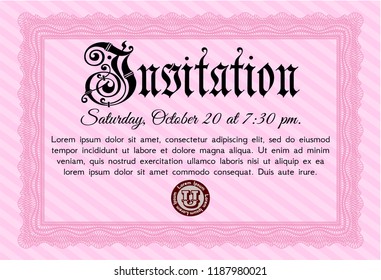Pink Retro vintage invitation. Sophisticated design. With guilloche pattern. Detailed. 