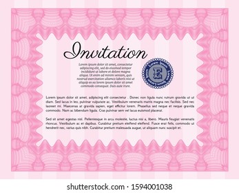 Pink Retro vintage invitation. Vector illustration. With great quality guilloche pattern. Money style design. 