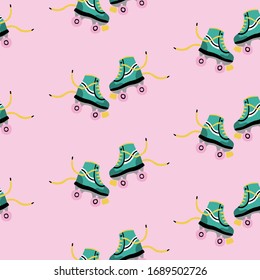 Pink Retro Vintage Roller Skate Seamless repeat pattern with pink background.